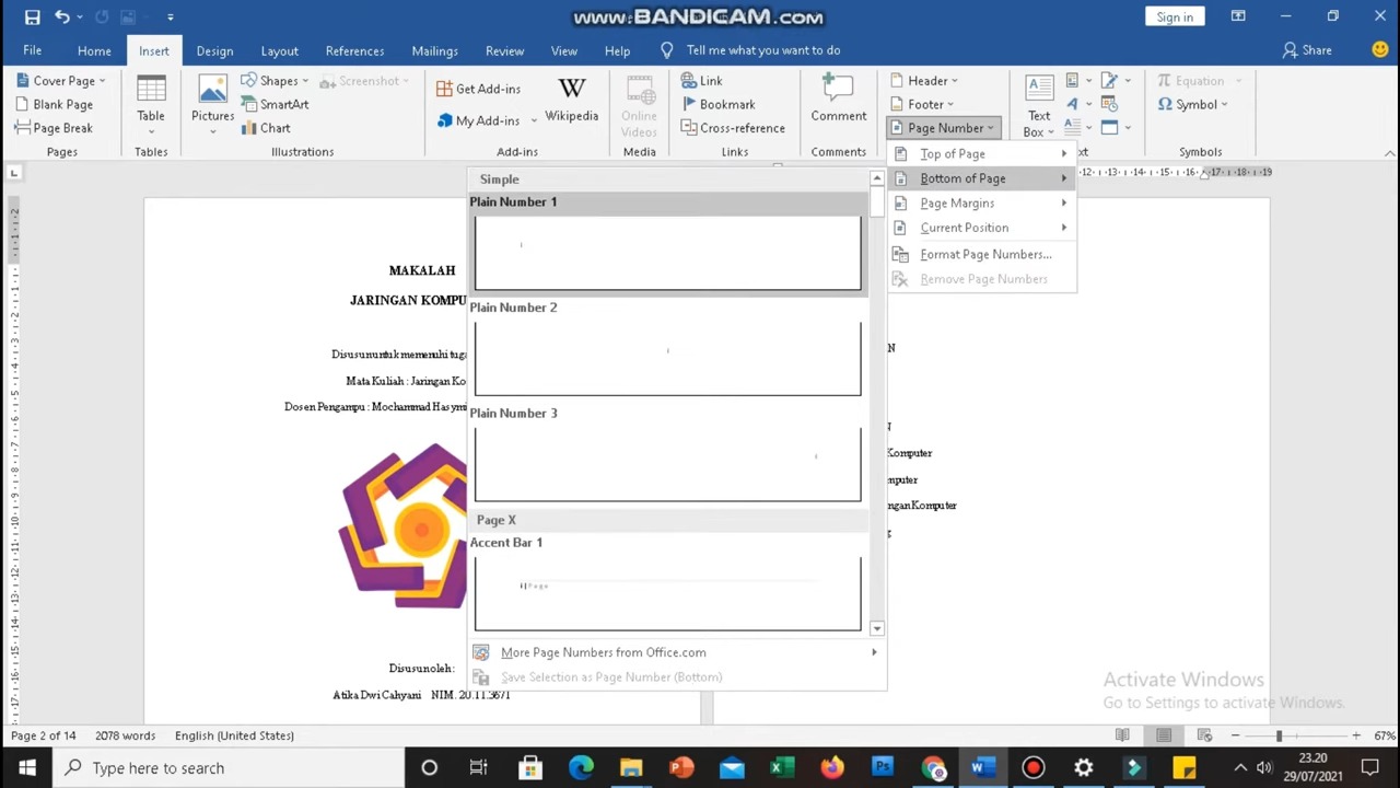 Cara Membuat Nomor Halaman di Word 2