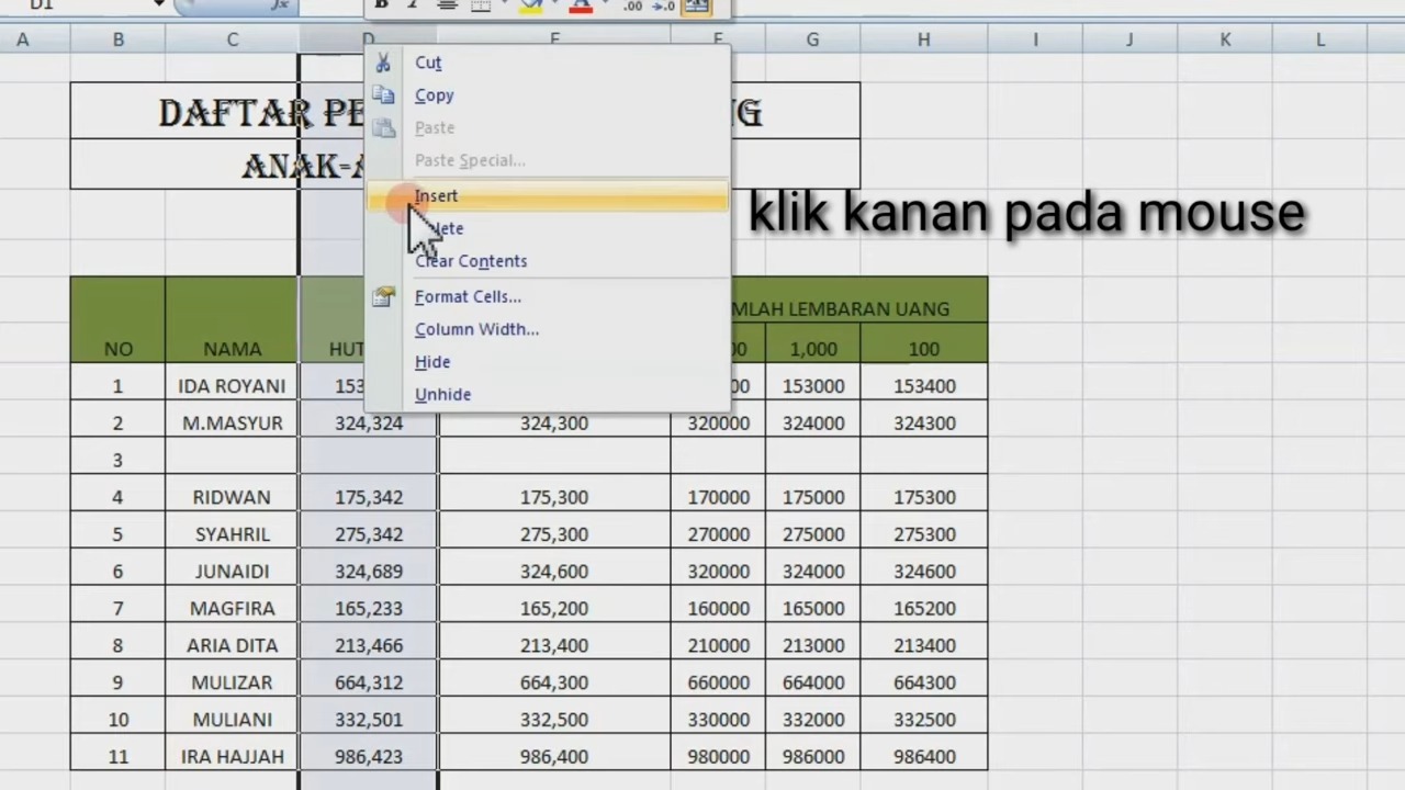 cara menambah kolom di Excel 3