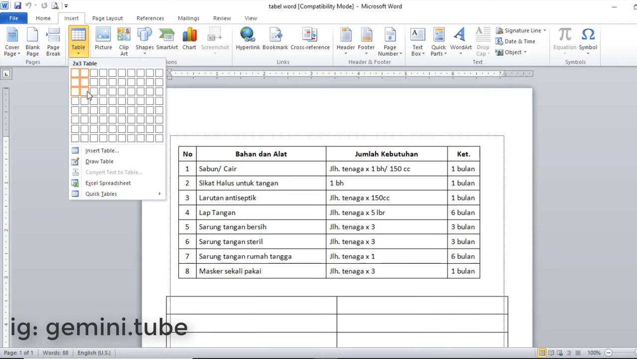 cara menambah tabel di Word 2