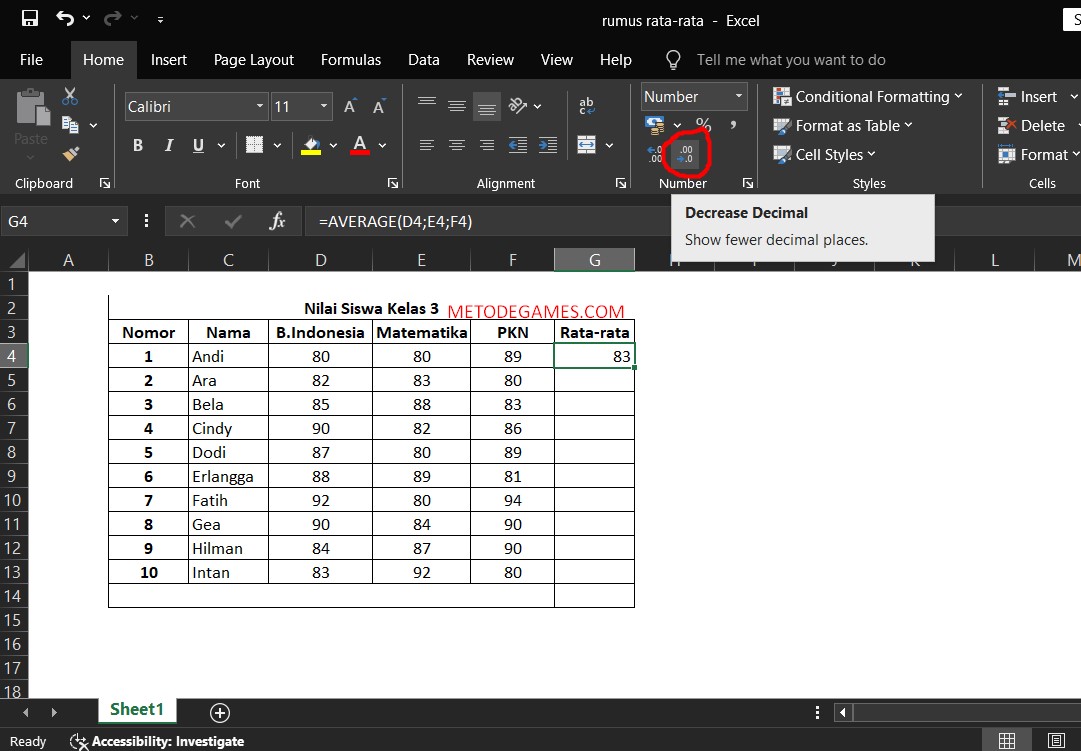 langkah tiga, Rumus Rata-rata Excel Standar