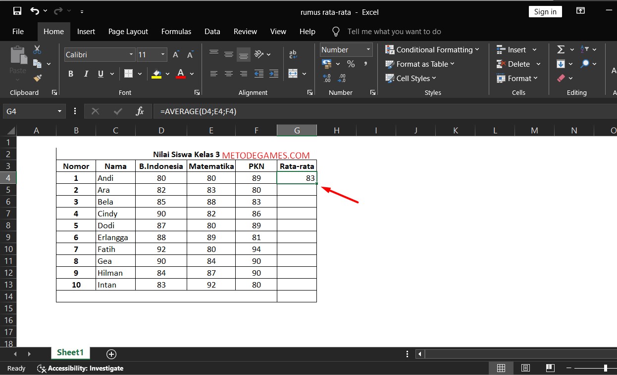 Langkah kelima, Rumus Rata-rata Excel Standar