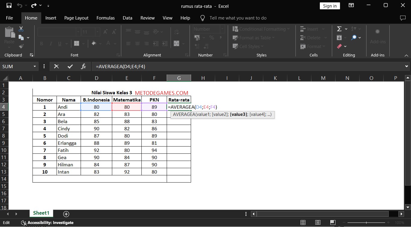 Langkah ketiga, Rumus Rata-rata AVERAGEA