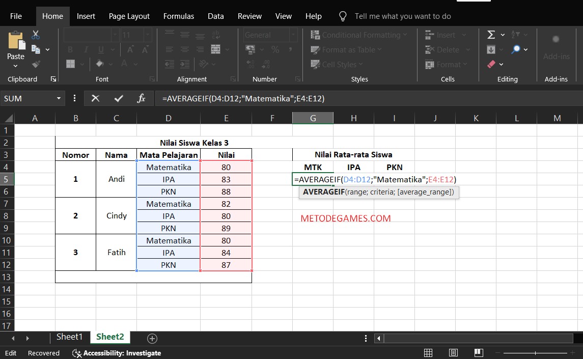 Langkah ketiga, Rumus Rata-rata AVERAGEIF