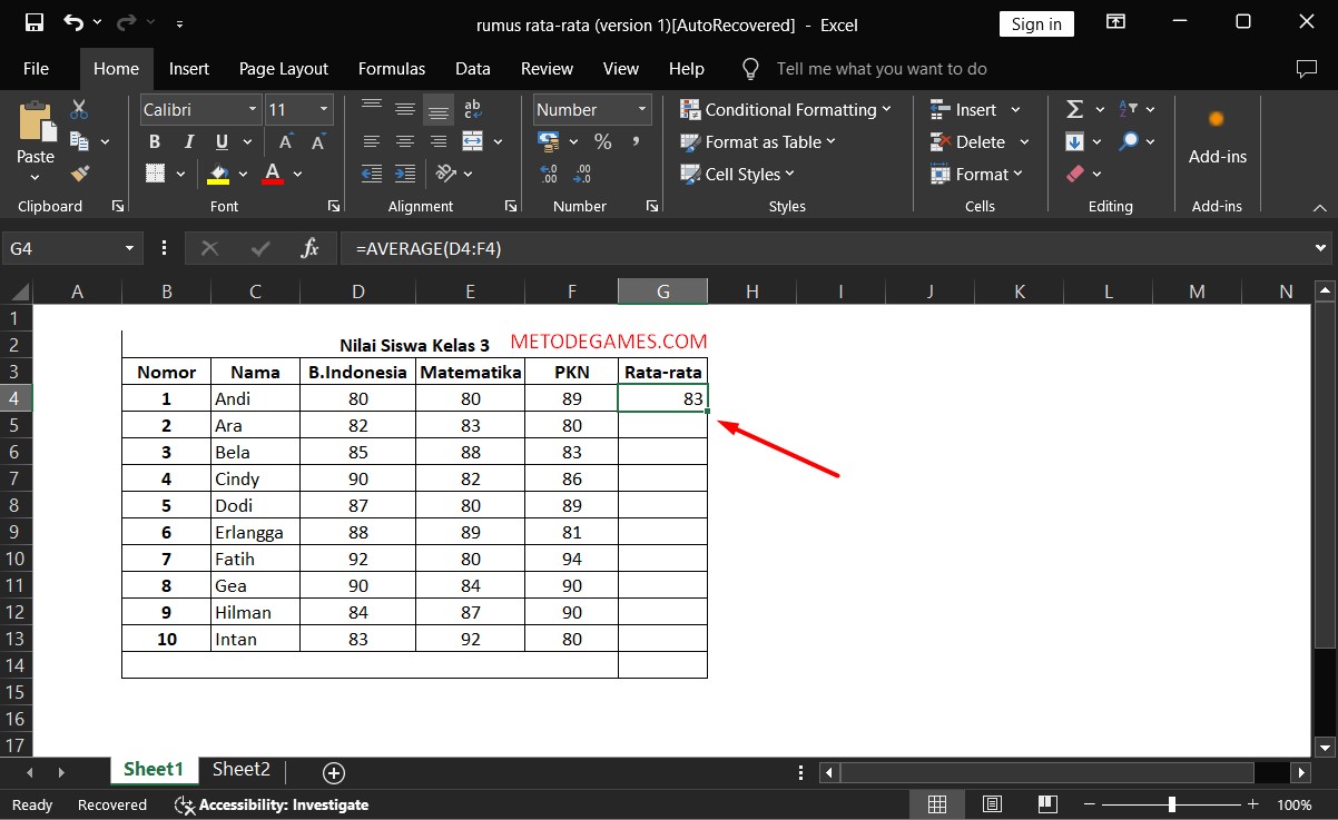 Langkah lima, Rumus Rata-rata Excel Otomatis