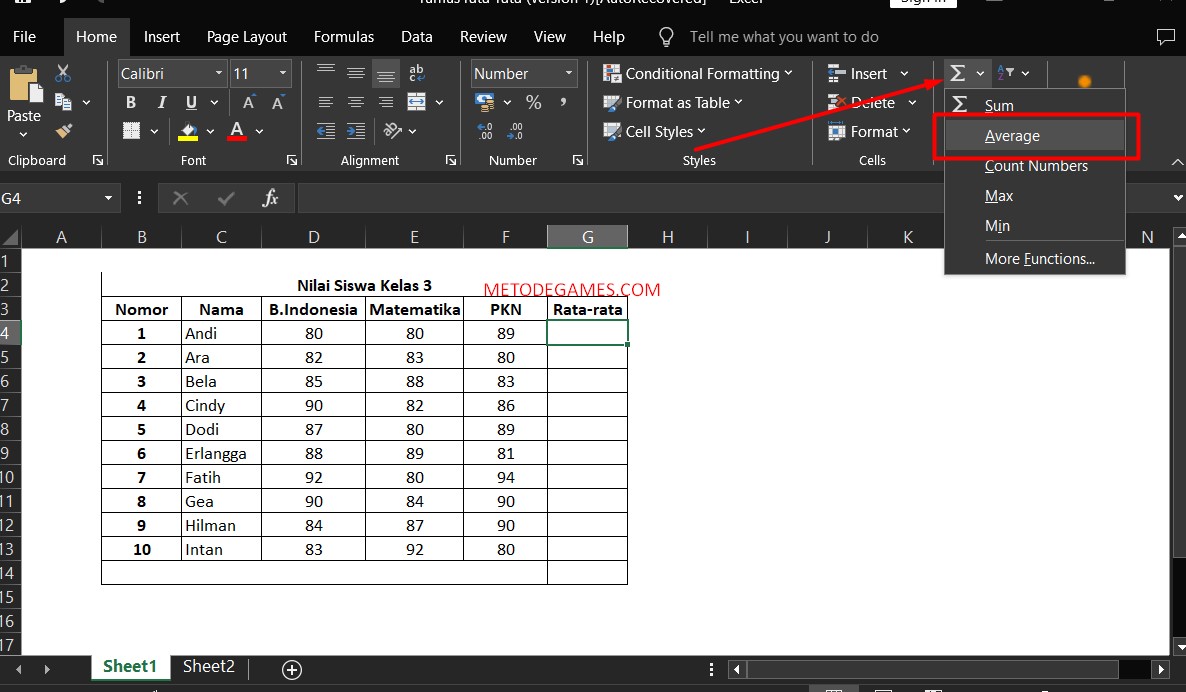 Langkah tiga, Rumus Rata-rata Excel Otomatis