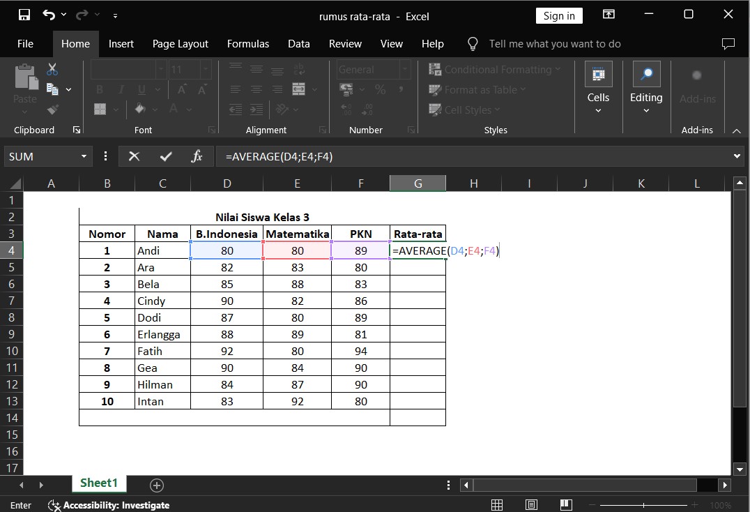 Langkah tiga, Rumus Rata-rata Excel Standar