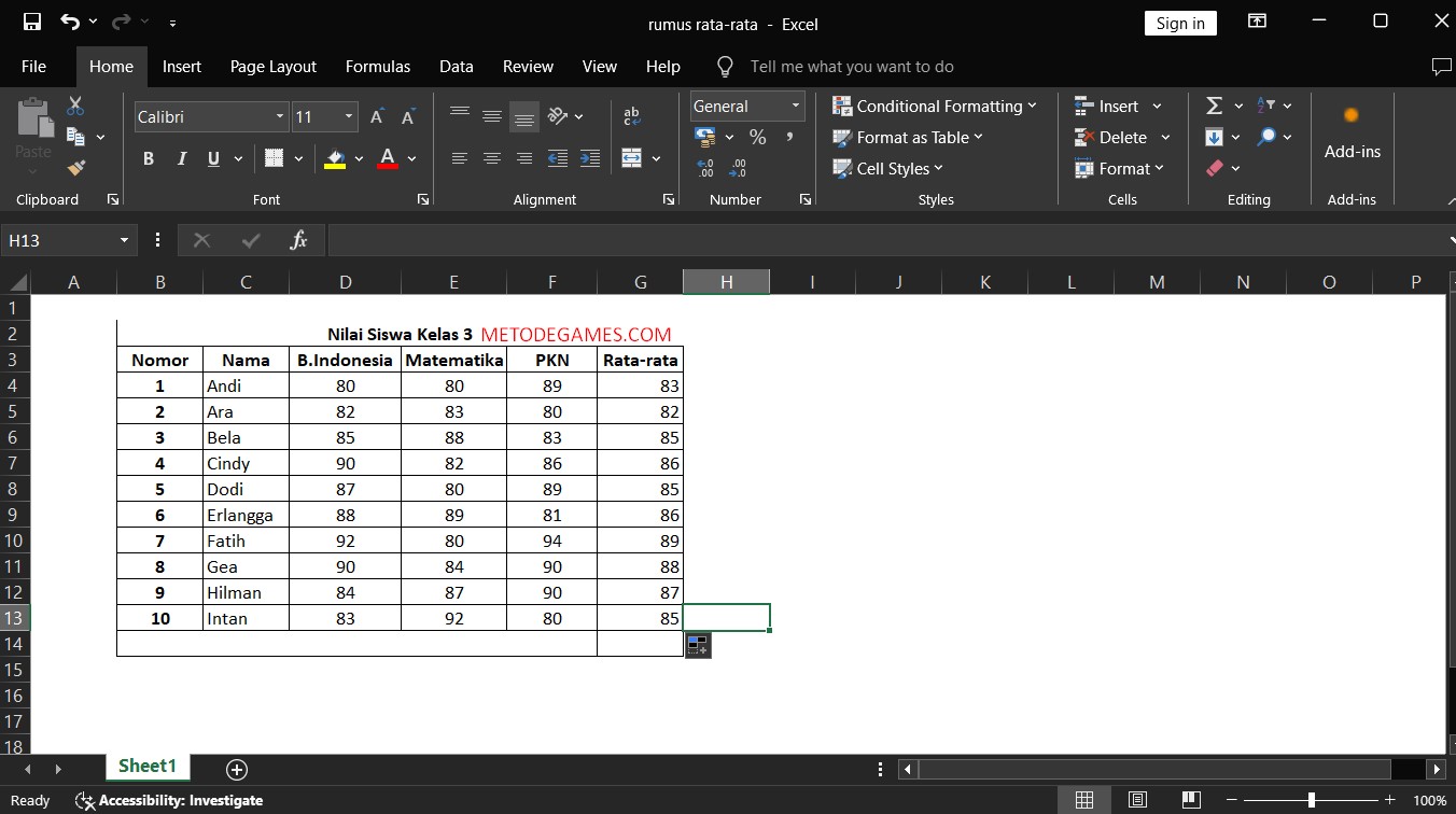 selesai Rumus Rata-rata Excel Standar